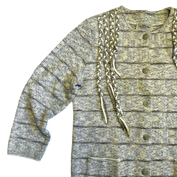 Altra Made in Italy Vintage 80s Marled Knit Fringe Pink Cream Cardigan Sweater M - Picture 2 of 14